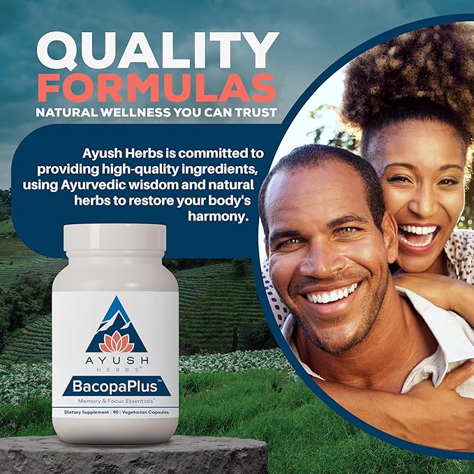 Ayush Herbs BacopaPlus - Bacopa Supplements, Organic Bacopa for Memory & Focus, Cognitive Support Pill for Adults with Ginkgo, Gotu Kola, Ashwagandha - 90 Vegetarian Capsules (1 Count)