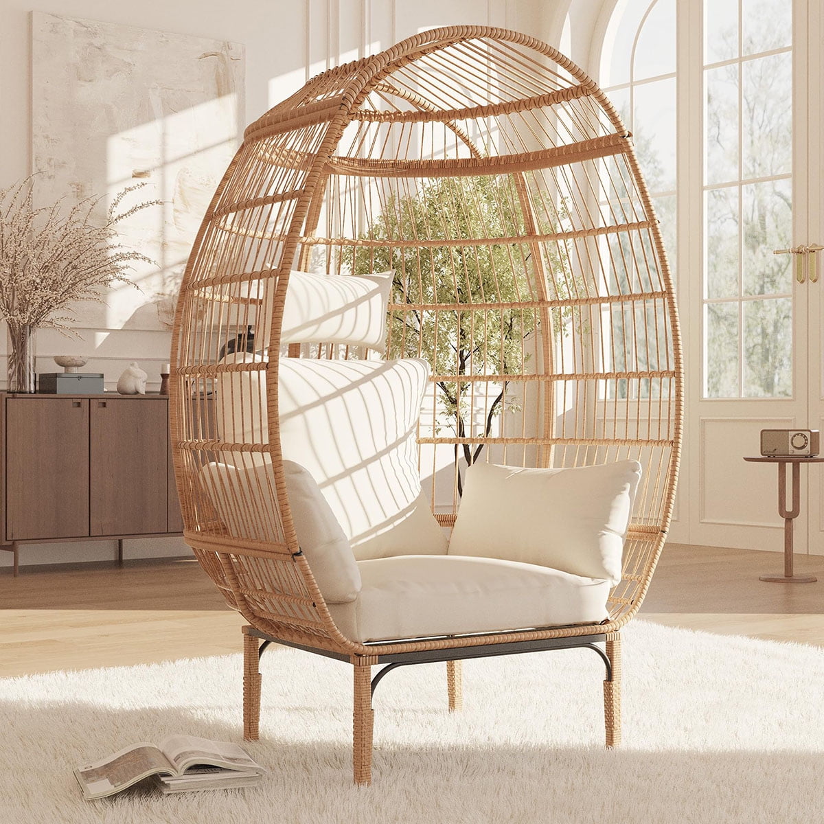 Danolapsi Wicker Egg Chair Outdoor, Oversized Egg-Shaped Chair with Metal Frame Stand, 500 Lbs Capacity Oversized Attan Egg Lounge Chairs for Patio, Backyard, Living Room