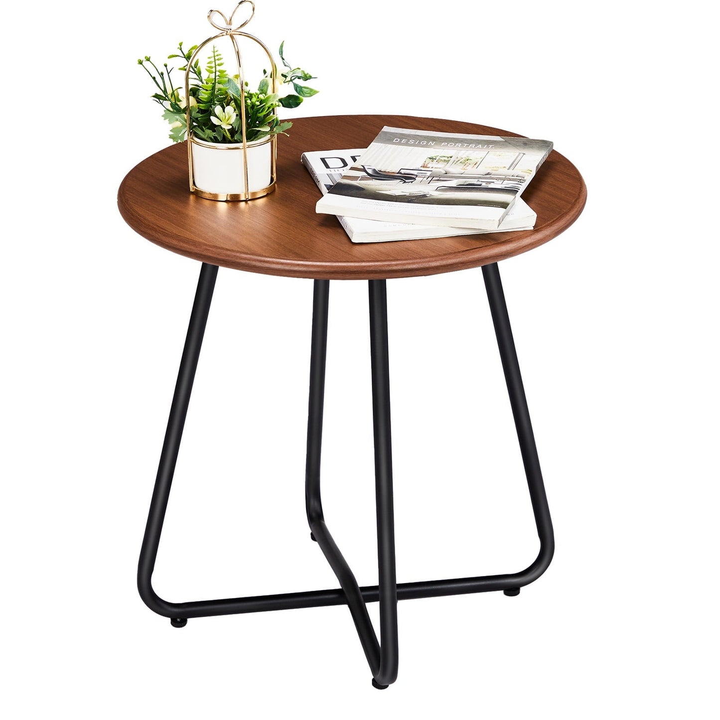 Xilee Outdoor Side Table with Imitation Wood Tabletop,19 Inch Round Table, Anti-Rust Waterpoof Metal Small Dining Table for Patio, Outside, Camping, Balcony