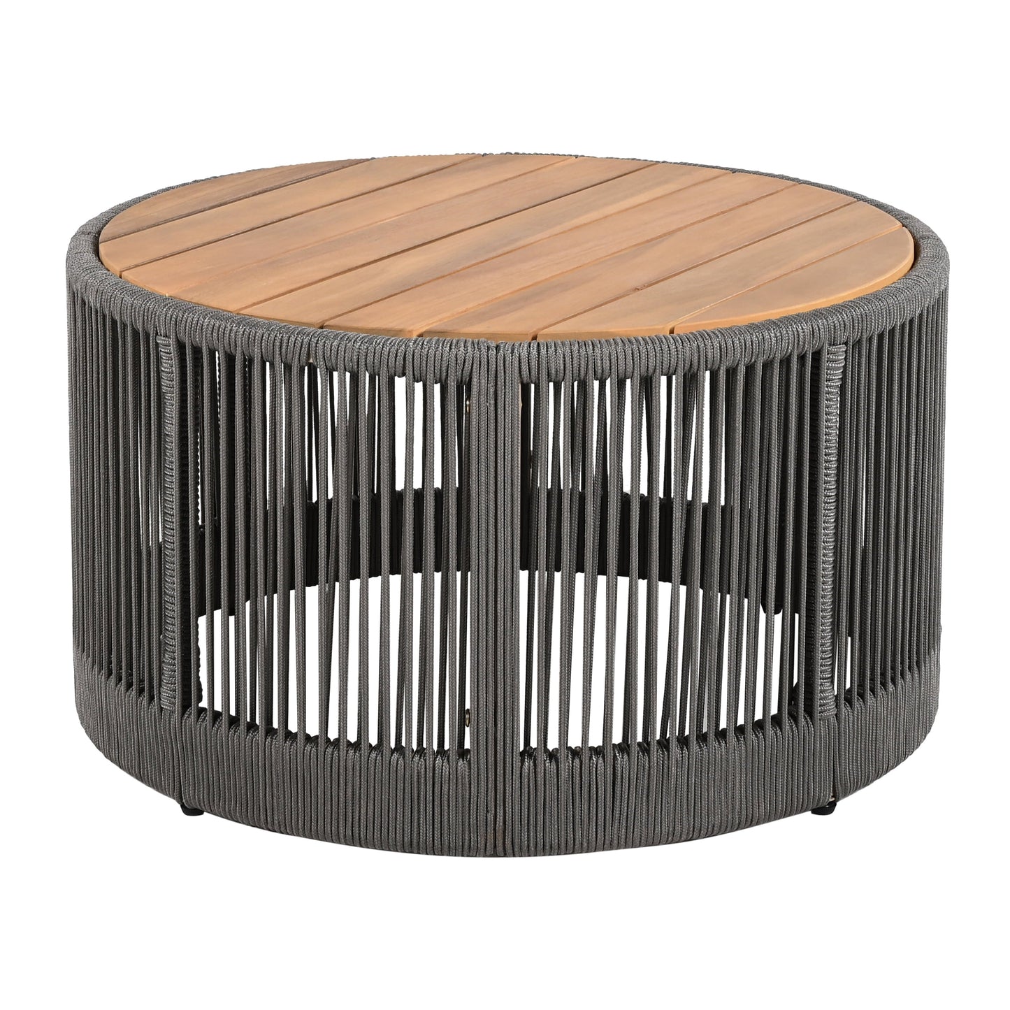 26" Round Acacia Wood Coffee Table with Grey Rope Accents, Rustic Outdoor Patio Table for Garden & Balcony