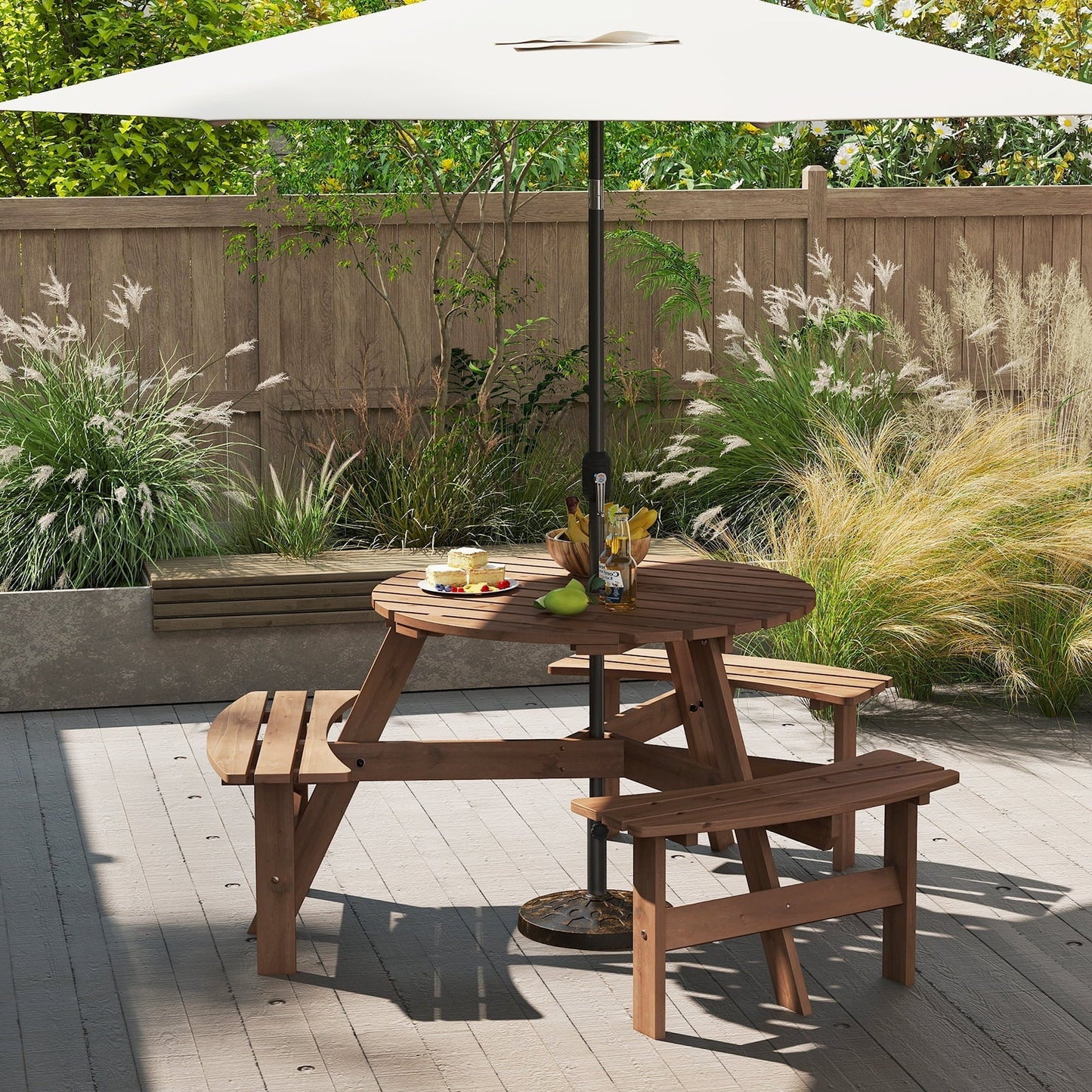 Gymax 6-Person Round Picnic Table Set w/ 3 Built-in Benches 2'' Umbrella Hole Brown
