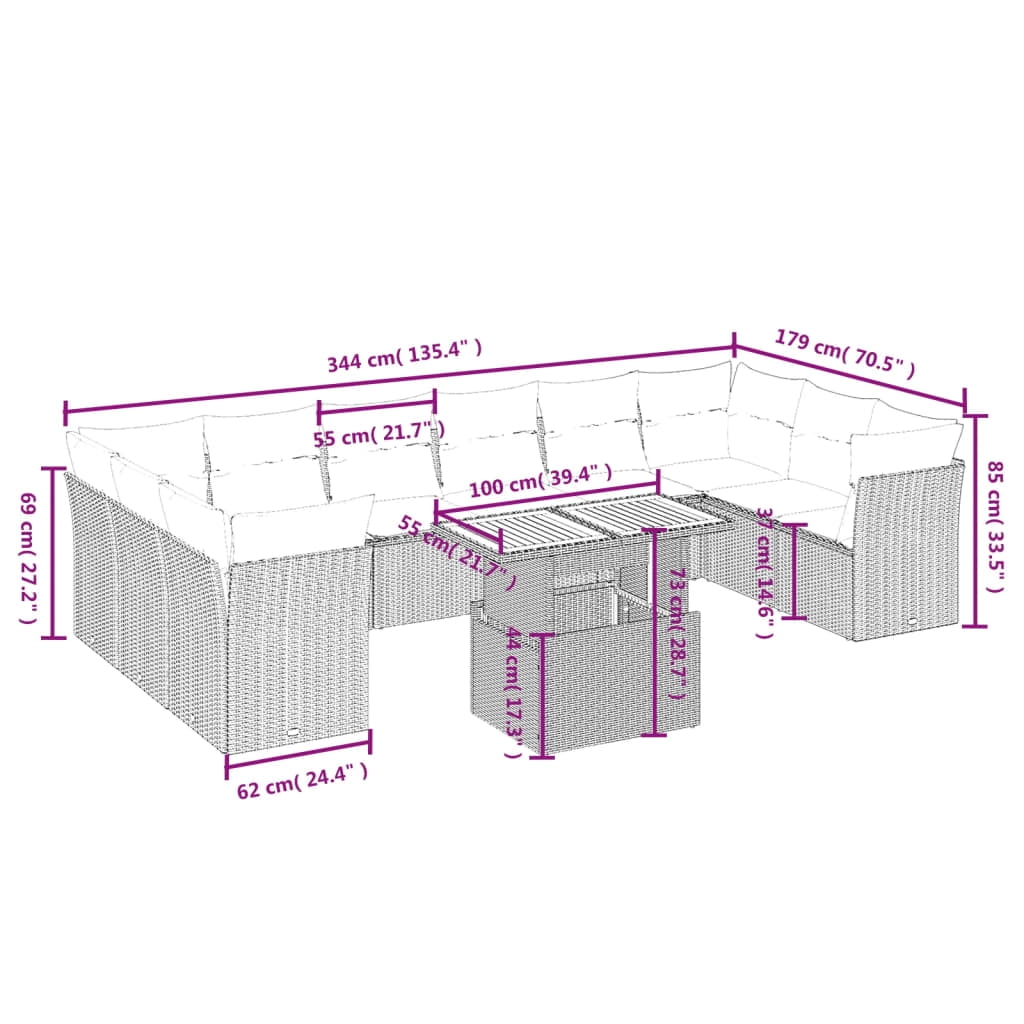 vidaXL Garden Sofa Set Grey PE rattan Large Modular Garden Sofa Set
