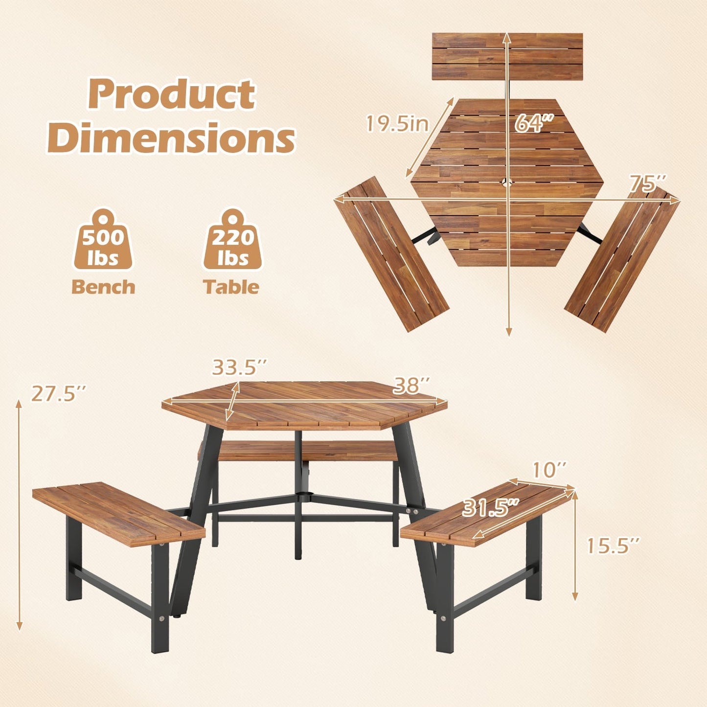 Gymax 6 Person Acacia Wood Picnic Table Bench Set w/3 Seats Umbrella Hole Metal Frame