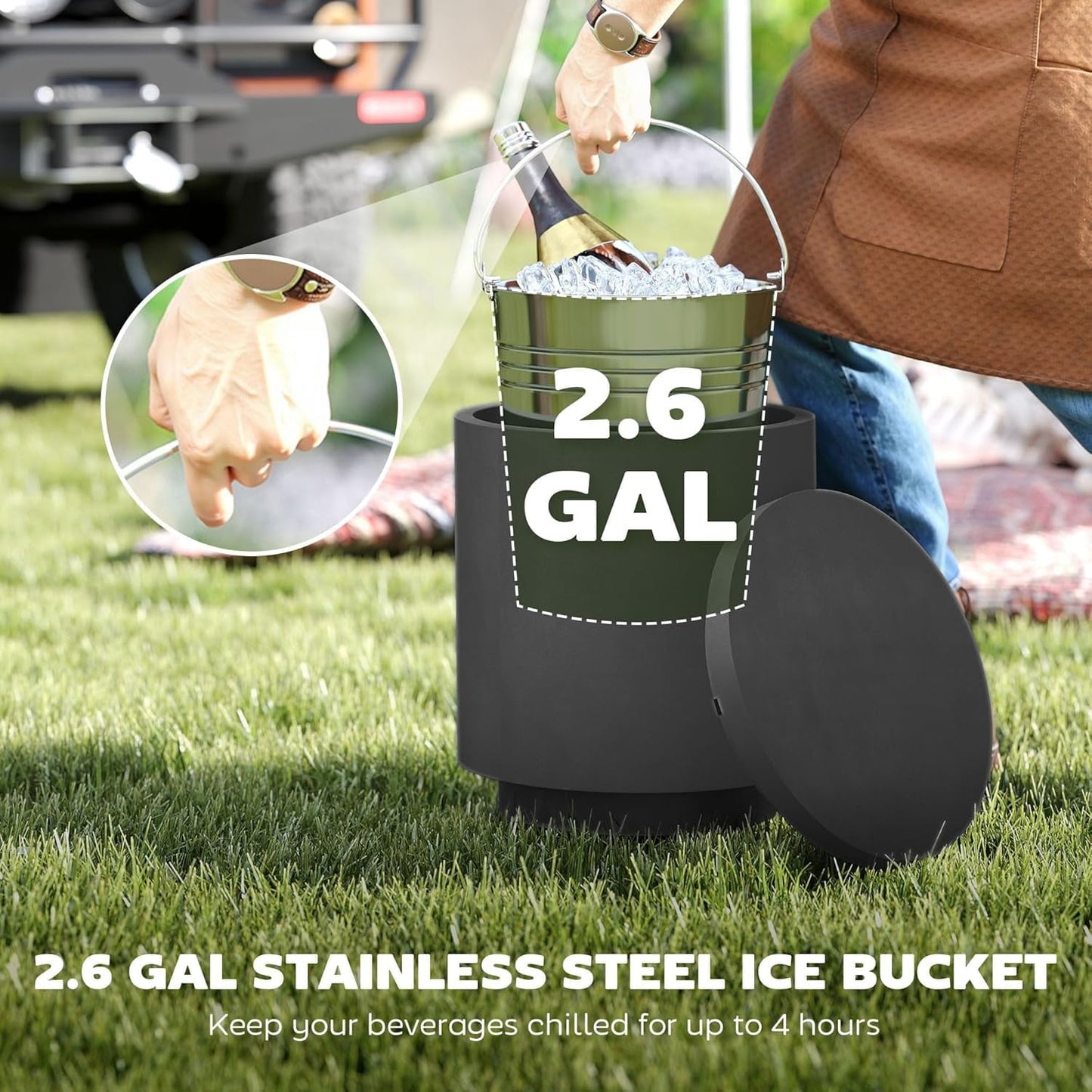 GaoJ 2.6 Gal Outdoor Cooler Side Table, 3-in-1 Cool Coffee Table with Storage, Removable Ice Bucket and Lid, Concrete Small Patio Table for Party, Poolside, Deck, Charcoal Gray